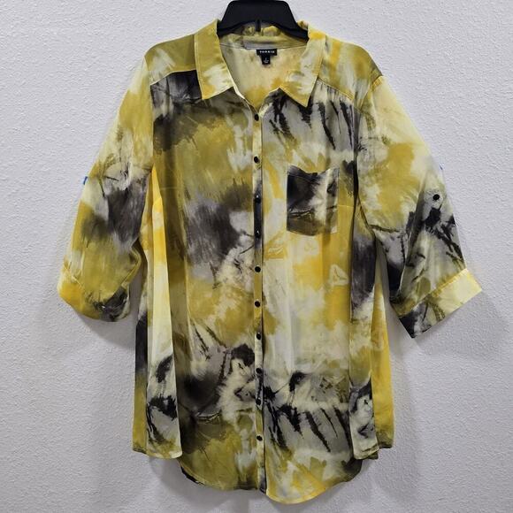 Torrid Size 2X Sheer Blouse Yellow Abstract Print Button Down 3/4 Sleeve Casual - Picture 3 of 12